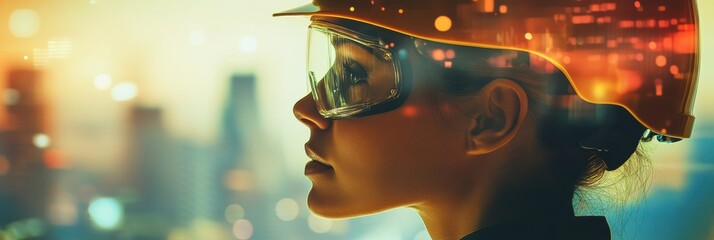 Aufkleber - Profile of a person in safety gear with abstract city background showing determination and focus. Generative AI