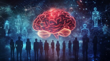 Aufkleber - Visual Representation of Human Intellect and Connection in a Futuristic Digital Landscape With Intertwined Human Figures and a Glowing Brain