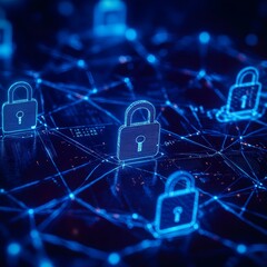 Aufkleber - Digital Network Security Concept With Glowing Padlocks Connecting to a Web of Data Nodes and Information Streams at Night
