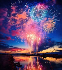 Wall Mural - Vibrant fireworks display reflected in calm water at sunset.