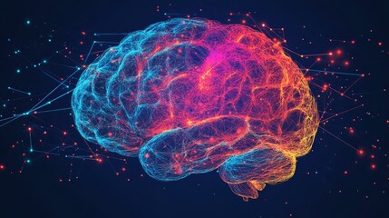 Poster - Colorful Digital Representation of a Human Brain With Interconnected Nodes Illustrating Neural Activity in a Dark Background