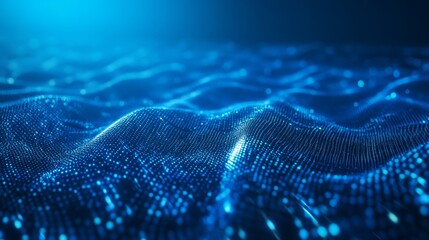 Poster - Visualizing Abstract Blue Waves With Glowing Particles Creating a Digital Ocean Landscape Under Soft Lighting Effects