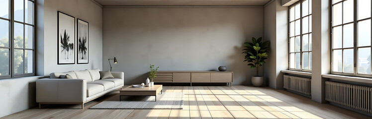 Aufkleber - Modern minimalist loft space with a grungy aesthetic, generated by an artificial intelligence algorithm for unique design._00001_