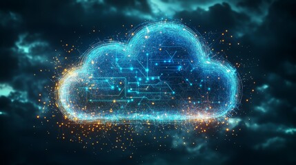 Aufkleber - Digital Cloud Symbol Glowing Against a Dark Stormy Backdrop With Shimmering Lights and Intricate Circuitry Design