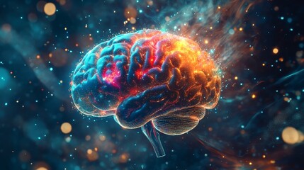 Poster - Colorful Digital Representation of a Human Brain With Swirling Energy and Vibrant Particles in a Cosmic Environment