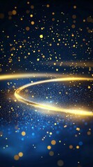 Poster - Vibrant Golden Sparkles Swirl Against a Deep Blue Background, Creating a Mesmerizing Visual Effect That Captures the Essence of Celebration and Enthusiasm