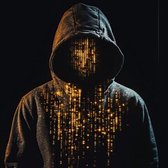 Poster - Mysterious Figure in Hoodie Surrounded by Digital Code Glowing in Dark Setting at Night Evokes Themes of Technology and Anonymity