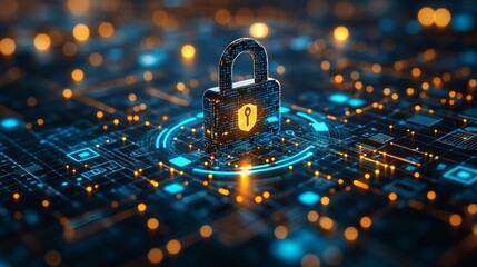 Poster - Digital Padlock Stands at the Center of a Glowing Network of Data, Symbolizing Cybersecurity and Data Protection Strategies in a Modern Technology Landscape