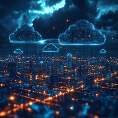 Aufkleber - Digital Clouds Illuminate the Night Skyline of a Modern City With Glowing Data Streams and a Vibrant Urban Landscape