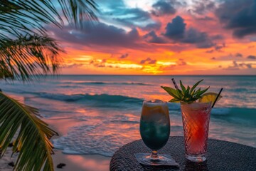 Poster - Tropical beach sunset with vibrant cocktails and serene ocean waves. Generative AI