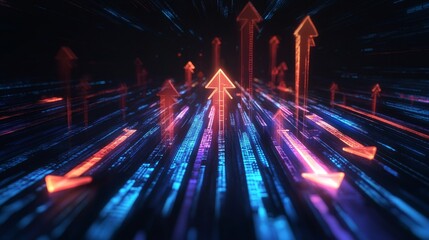 Poster - Dynamic Digital Arrows in Motion Symbolize Growth and Progress in a Futuristic Space Filled With Glowing Blue and Orange Light Patterns