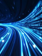 Aufkleber - Vibrant Digital Tunnel With Glowing Blue Lights and Binary Code Flowing in an Abstract Motion, Representing Speed and Technology at Its Finest