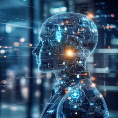 Poster - Human and Machine Merge in a Futuristic Concept Representing Artificial Intelligence and Digital Technology Integration in a Modern Setting