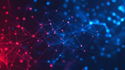 Fototapete - Colorful Abstract Digital Network With Interconnected Nodes and Lines in Red and Blue Tones Representing Data Flow and Communication