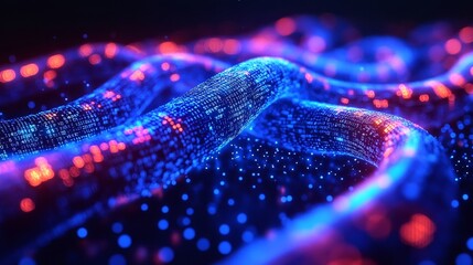 Poster - digital wave of glowing particles flows smoothly, creating a mesmerizing visual display of color and