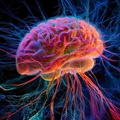 Poster - Colorful Representation of a Brain Surrounded by Vibrant Neural Connections Highlighting Cognitive Processes