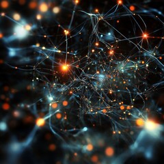 Aufkleber - Complex Network Structure Illuminated by Bright Particles in a Dark Background, Creating an Abstract Representation of Connections and Interactions