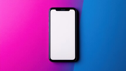 A modern smartphone with a white screen, placed on a vibrant gradient background of purple and blue tones, ideal for showcasing app designs or branding.