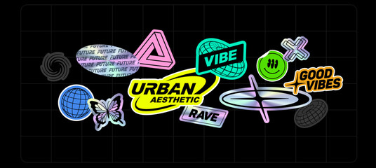 Poster - Y2K holographic stickers pack of trendy  style and text quote label collection (part 1). Aesthetic of retro futurism 2000s stickers. Iridescent metallic texture tags. Editable vector