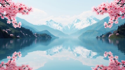 Serene lake surrounded by cherry blossoms