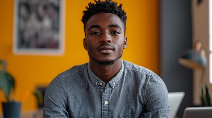 Poster - In a cozy, brightly colored workspace, a young startup founder confidently gazes at the camera. His casual attire reflects a relaxed yet focused atmosphere, highlighting his entrepreneurial spirit