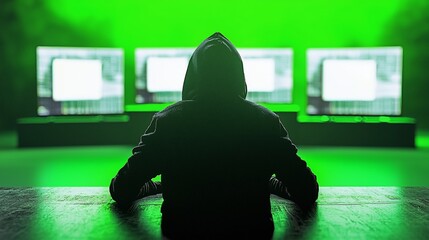 Poster - Hooded Figure Facing Monitors in Green Room