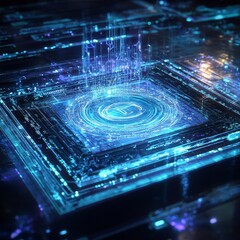 Aufkleber - Detailed Close-Up of a Futuristic Microchip With Glowing Circuits, Representing Advanced Technology and Data Processing in a Digital Environment at Night