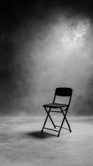 Poster - Empty Black Folding Chair on a Smooth Floor in a Dimly Lit Studio With Soft Light Creating Dramatic Shadows and an Atmospheric Background
