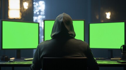 Poster - Hooded Figure Working With Multiple Green Screen Computers