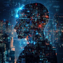 Poster - Digital Silhouette Against a Vibrant Cityscape Filled With Futuristic Lights and Technological Elements at Night