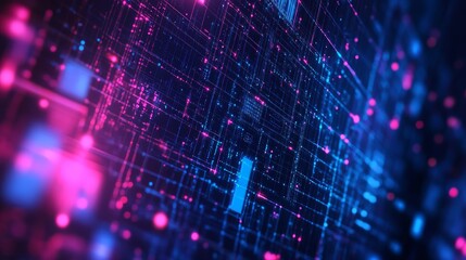 Aufkleber - Vibrant Digital Abstraction Showcasing a Futuristic Network of Interconnected Nodes and Circuits Illuminated in Blue and Pink Hues