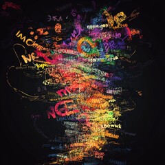 Poster - Colorful Abstract Swirl of Dynamic Text Showcasing Creativity and Energy in a Vibrant Artistic Display at Nighttime