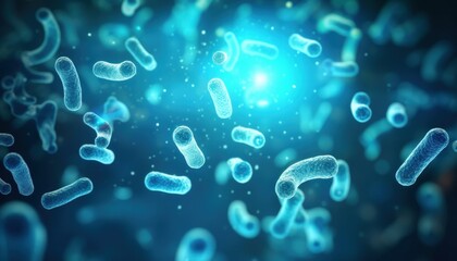 Poster - Microscopic View of Bacterial Colonies Under Blue Light Emphasizing the Complexity and Diversity of Microorganisms in a Fluid Environment