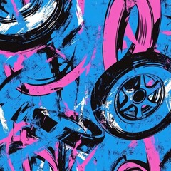 Poster - colorful abstract design featuring tire patterns and vibrant strokes in shades of blue, black, and p
