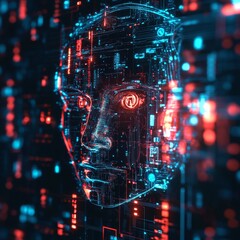 Poster - Digital Human Face Design With Glowing Circuits and Neon Colors in a Futuristic Cyber Environment at Night