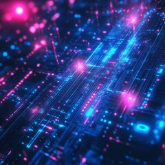 Aufkleber - Digital Technology Abstract Design With Vibrant Blue and Pink Lights Illuminating a Futuristic Grid Pattern