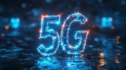 Poster - Modern Display of Glowing 5G Technology Sign Illuminated in a Dark Environment With Reflections on a Wet Surface During Nighttime