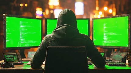 Poster - Hooded Hacker Working Late At Multiple Computer Screens