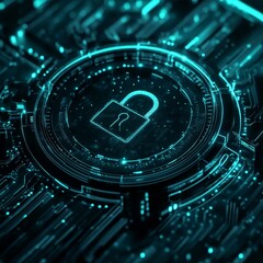 Aufkleber - Cybersecurity Concept Featuring a Glowing Lock Symbol Over a Digital Circuit Background Representing Online Safety and Data Protection
