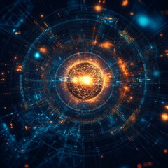 Poster - Digital Representation of a Glowing Sphere Surrounded by Swirling Data and Light in a Futuristic Space Environment
