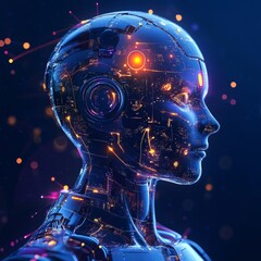 Poster - Futuristic Human-Like Robot Head Against a Dark Background Showcasing Glowing Circuit Patterns and Vibrant Lights