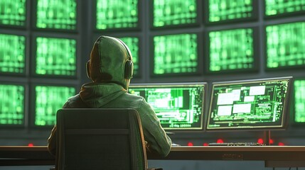 Poster - Hooded Hacker Working On Multiple Computer Screens
