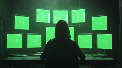 Poster - Hooded Figure Working Multiple Green Screens