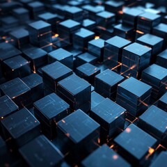 Aufkleber - Abstract Arrangement of Glowing Blue Cubes Creating a Futuristic Digital Landscape With Intricate Details and Reflections at an Undefined Time