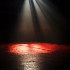 Poster - Light Beams Illuminate an Empty Stage With a Red Spotlight Creating a Dramatic Atmosphere in a Theater Setting