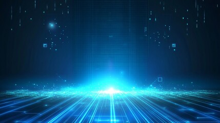 Poster - Vibrant Blue Light Radiates From a Digital Landscape With Glowing Lines and Particles in a Futuristic Setting