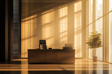 Poster - A desk with a computer and a plant in front of it. The desk is in a room with a window