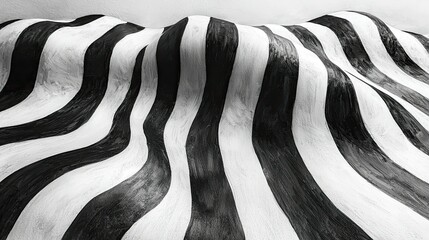 Poster - Abstract black and white striped landscape with flowing curves.