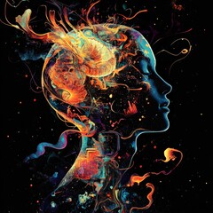 Poster - Creative Abstract Depiction of a Colorful Mindscape Illustrating the Power of Imagination and Thought Processes in a Vibrant Cosmic Setting