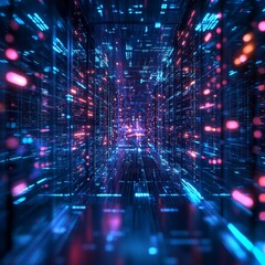 Poster - Colorful Digital Corridor With Glowing Lights and Data Streams Creating a Futuristic Atmosphere in an Abstract Virtual Environment